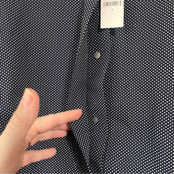 GAP Linen Blend Yoke Fit Flare A-Line Dress Polka Dot Pockets Sz 8 Academia Navy - Picture 11 of 11